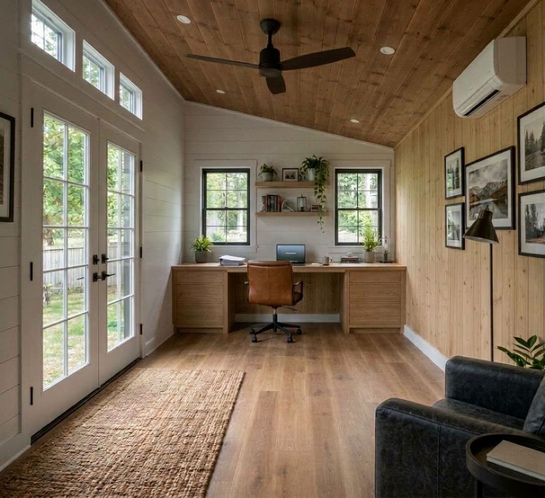 Platinum interior rendering with stained wood ceiling, mini-split and built-in desk