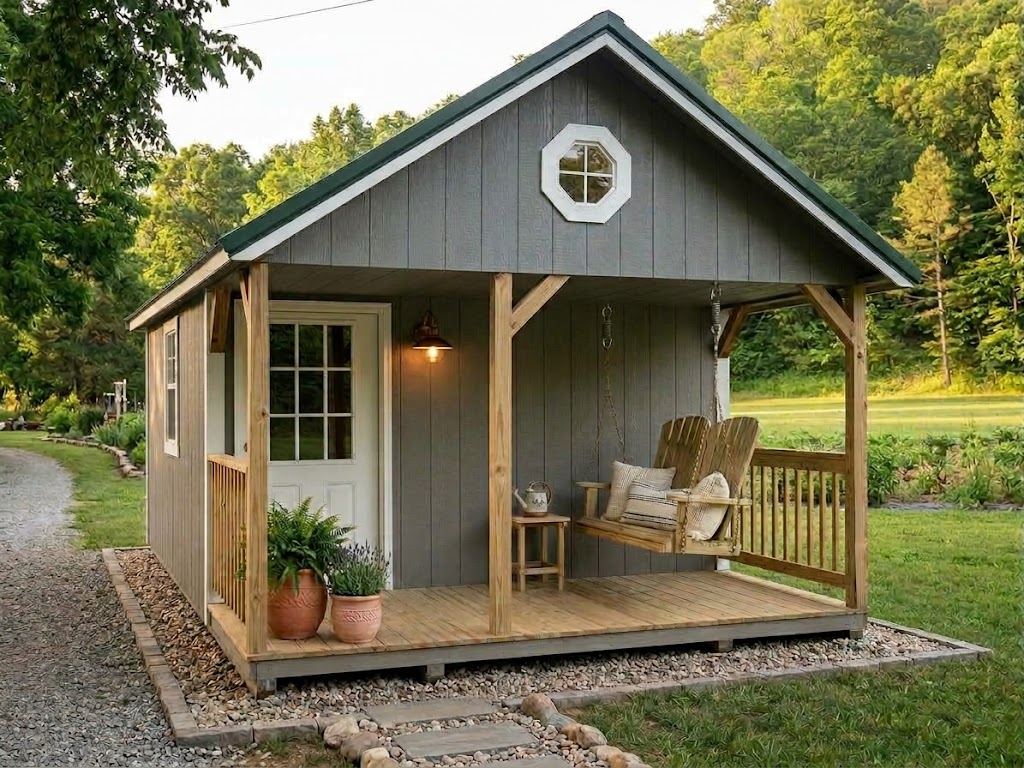 Studio with a covered front porch, railing and porch swing